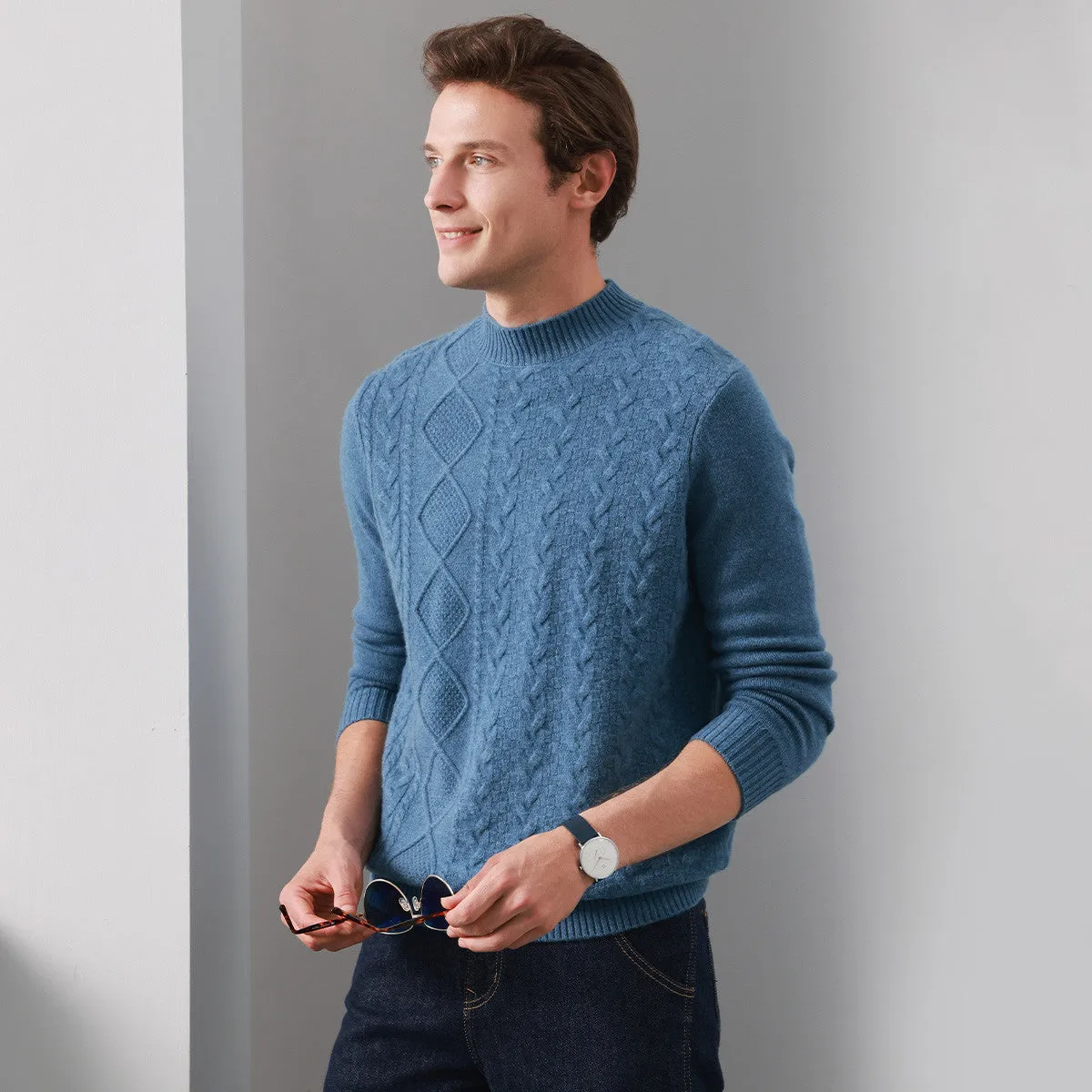 100% Cashmere Mens Ribbed Mock Neck Sweater