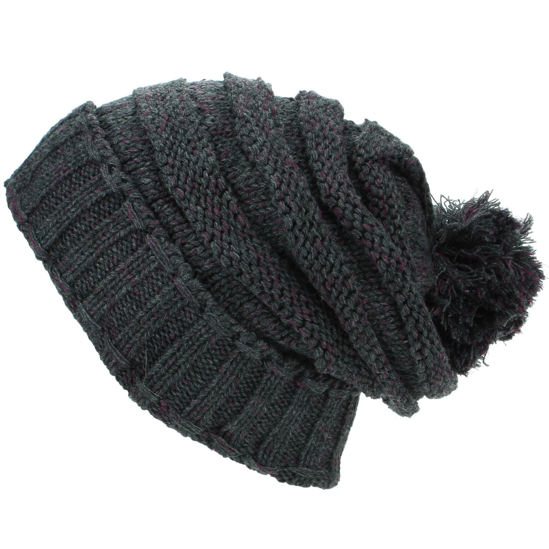 Acrylic Knit Baggy Beanie Bobble Hat - Charcoal Grey