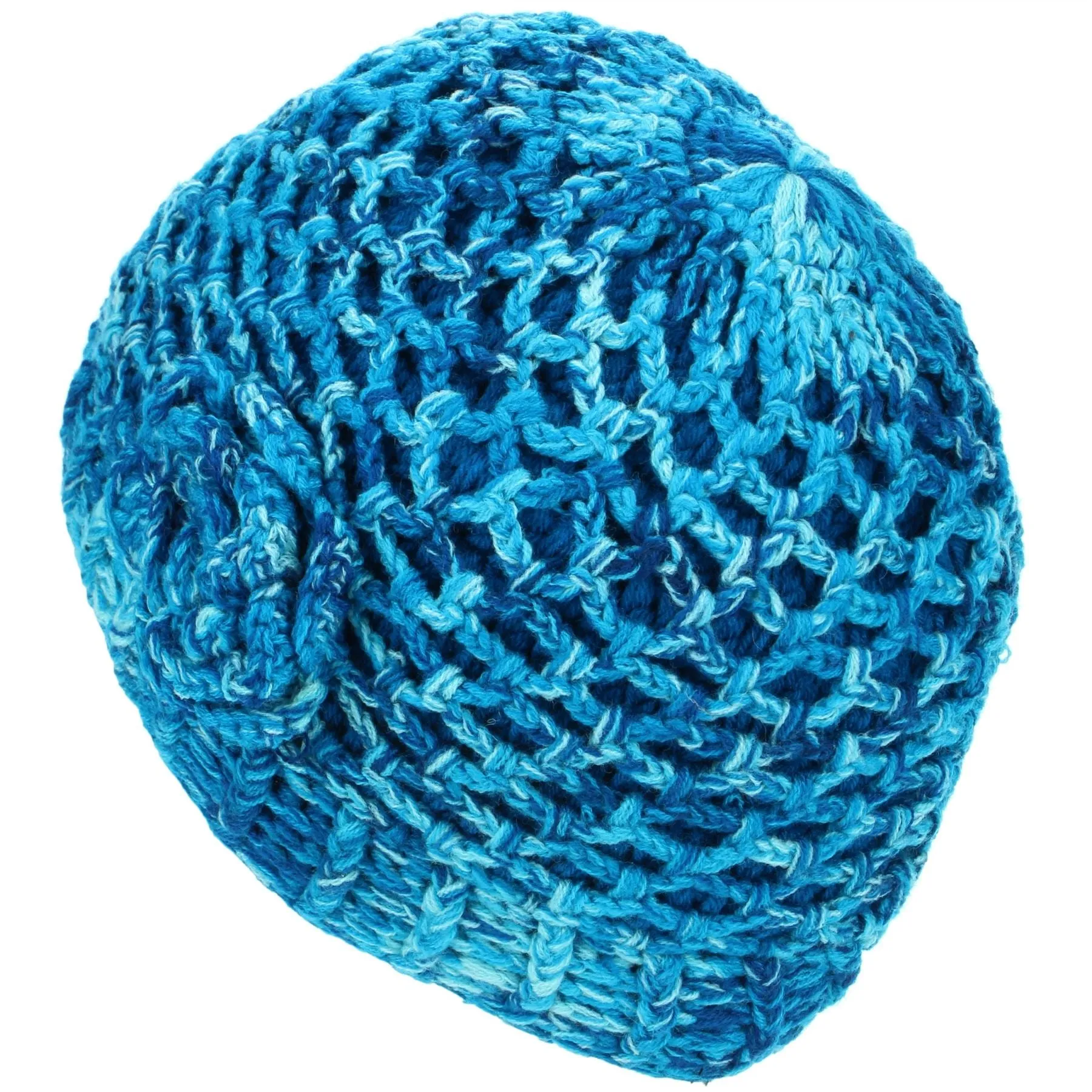 Acrylic Knit Lattice Flower Beanie Hat - Blue