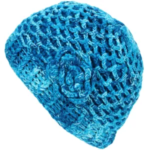 Acrylic Knit Lattice Flower Beanie Hat - Blue