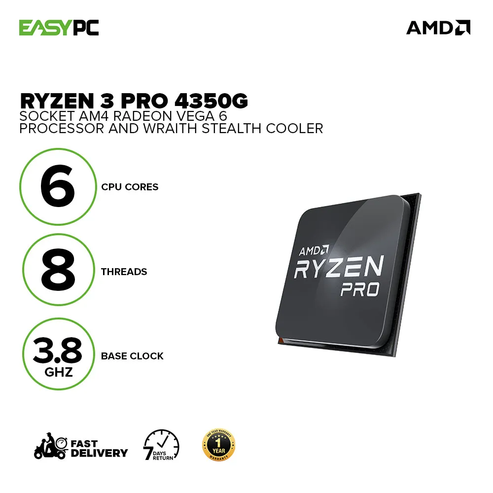 AMD Ryzen 3 Pro 4350G Socket Am4 3.5ghz with Radeon Vega 6 Processor with Wraith Stealth Cooler