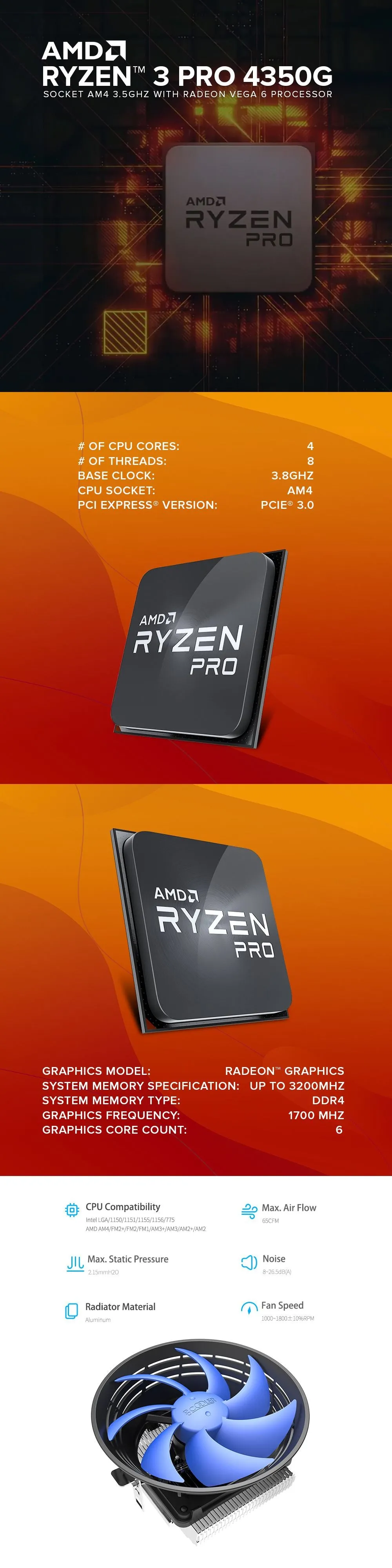 AMD Ryzen 3 Pro 4350G Socket Am4 3.5ghz with Radeon Vega 6 Processor with Wraith Stealth Cooler