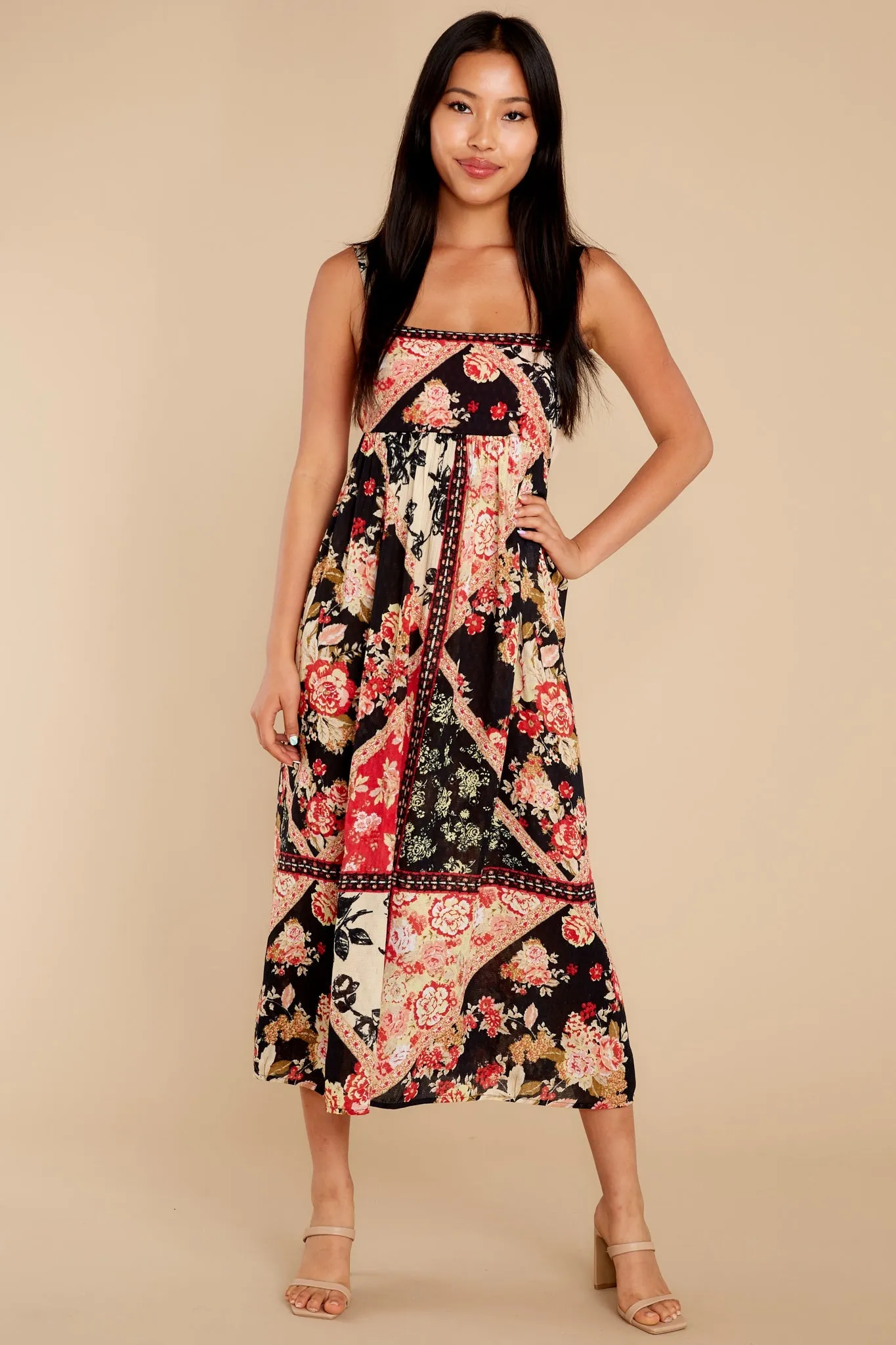 Anthem Of The Sun Black And Spiced Coral Floral Smock Maxi Dress