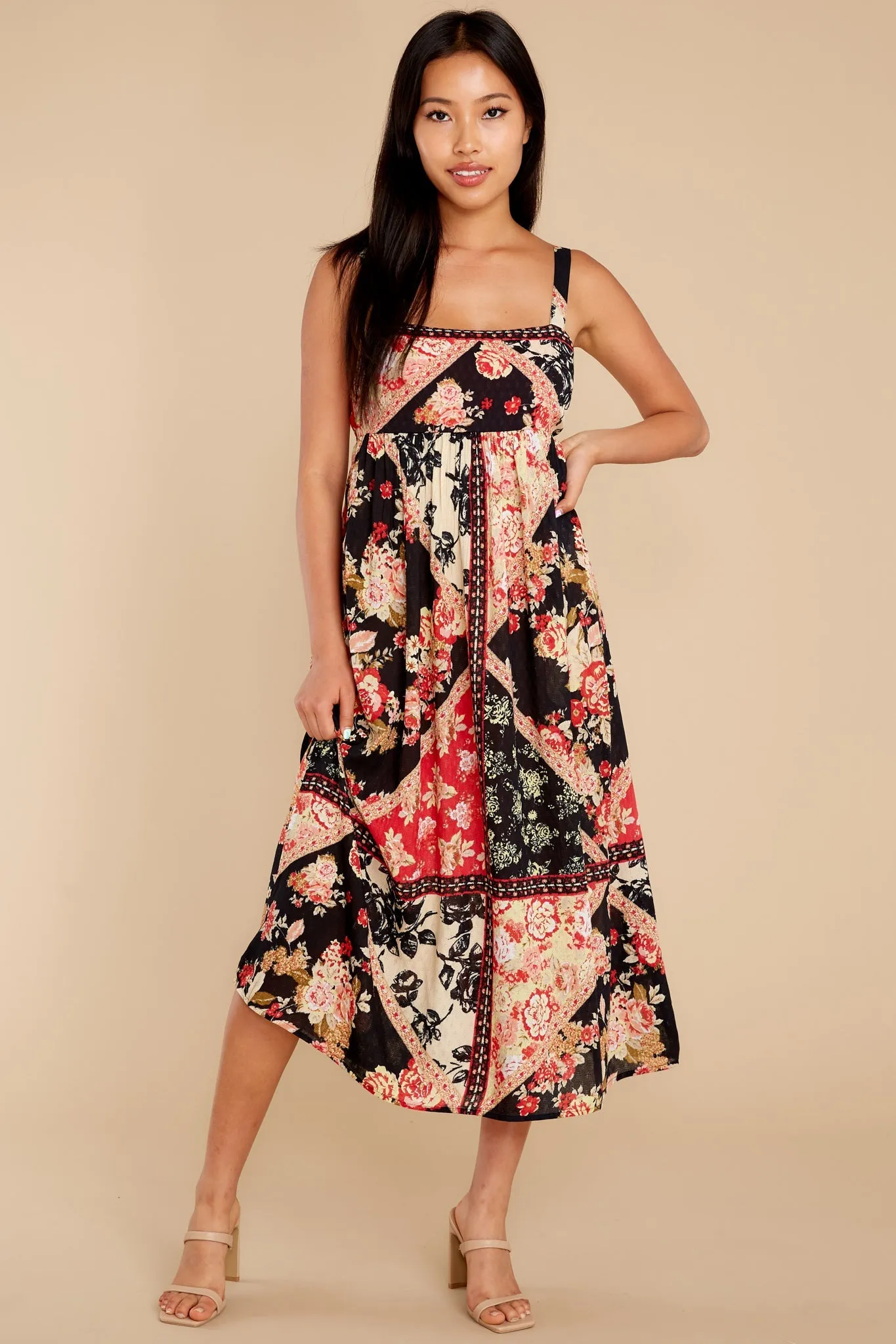 Anthem Of The Sun Black And Spiced Coral Floral Smock Maxi Dress