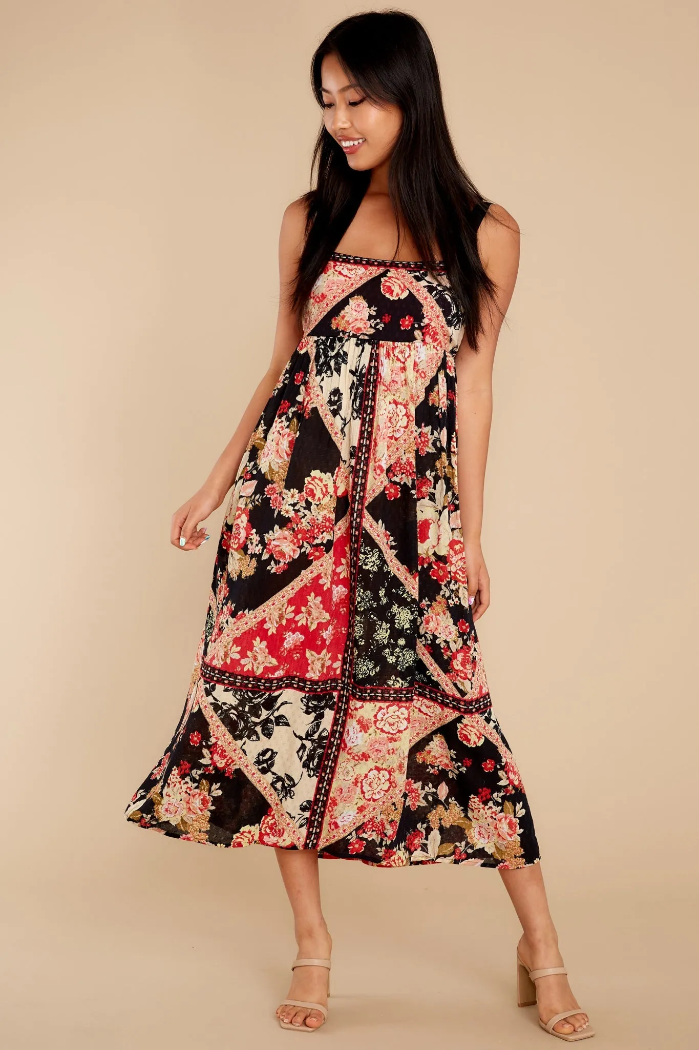 Anthem Of The Sun Black And Spiced Coral Floral Smock Maxi Dress