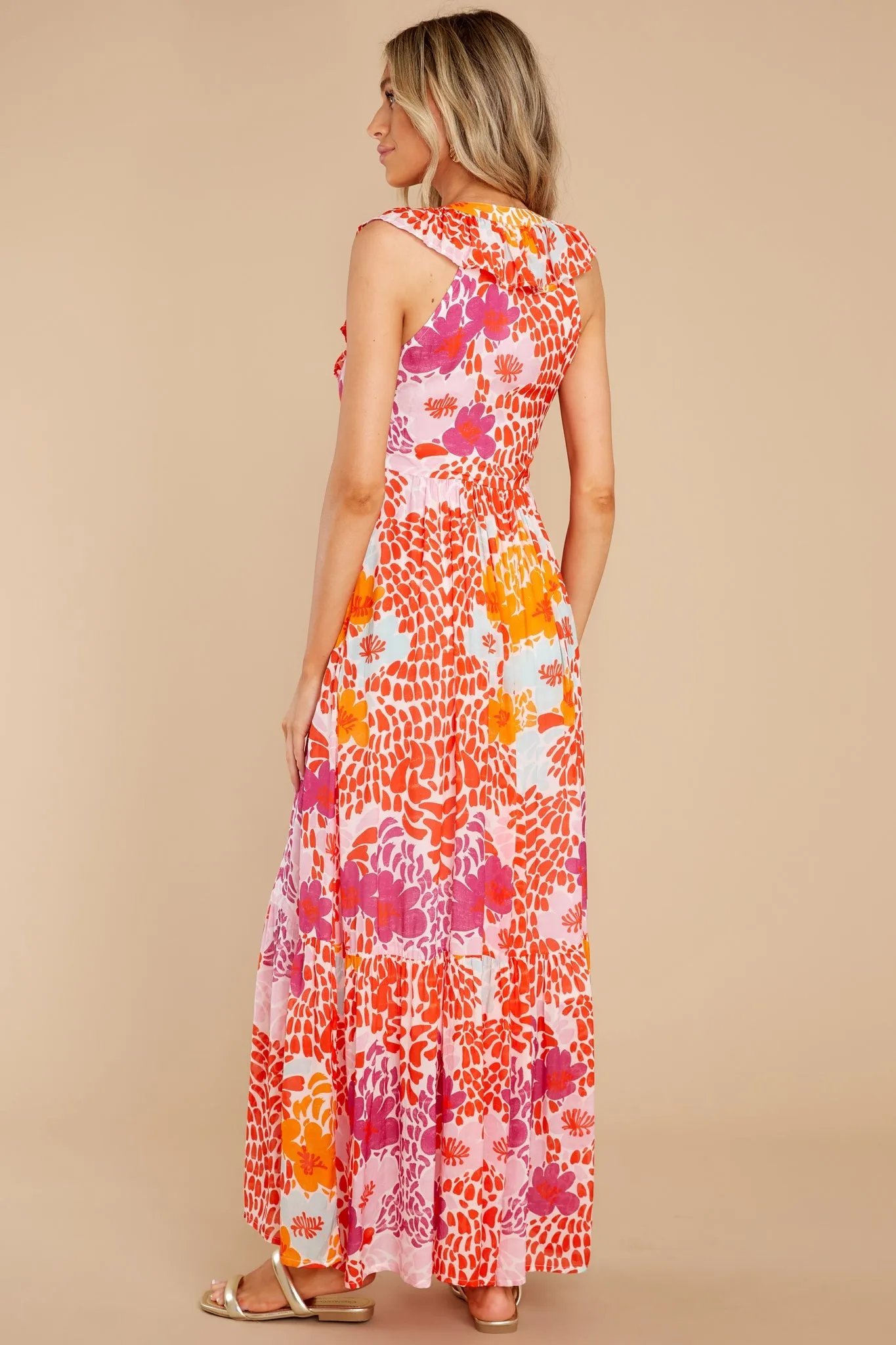 Antigua Orange Ruffle V-Neck Maxi Dress