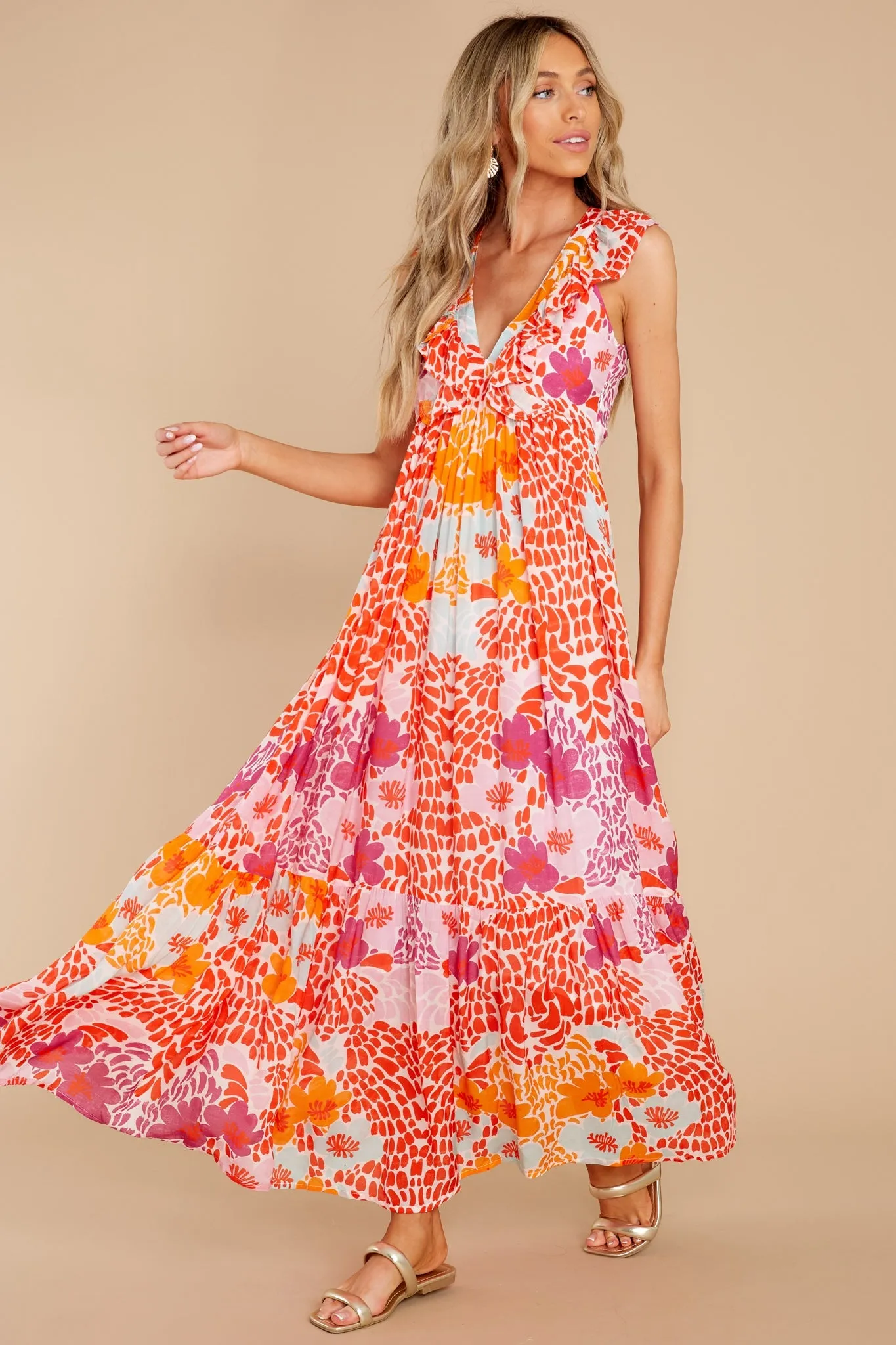 Antigua Orange Ruffle V-Neck Maxi Dress