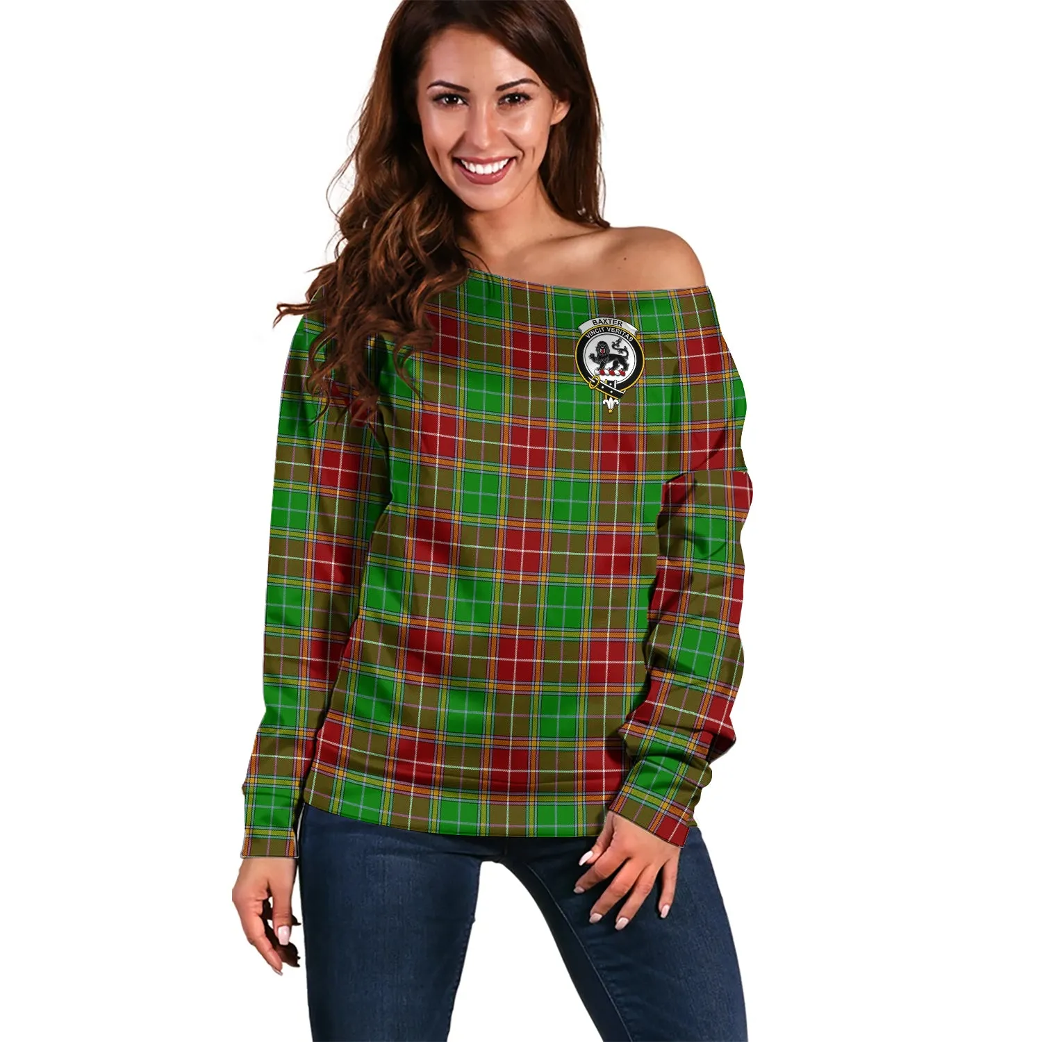 Baxter Modern Tartan Off Shoulder Women Sweater with Family Crest