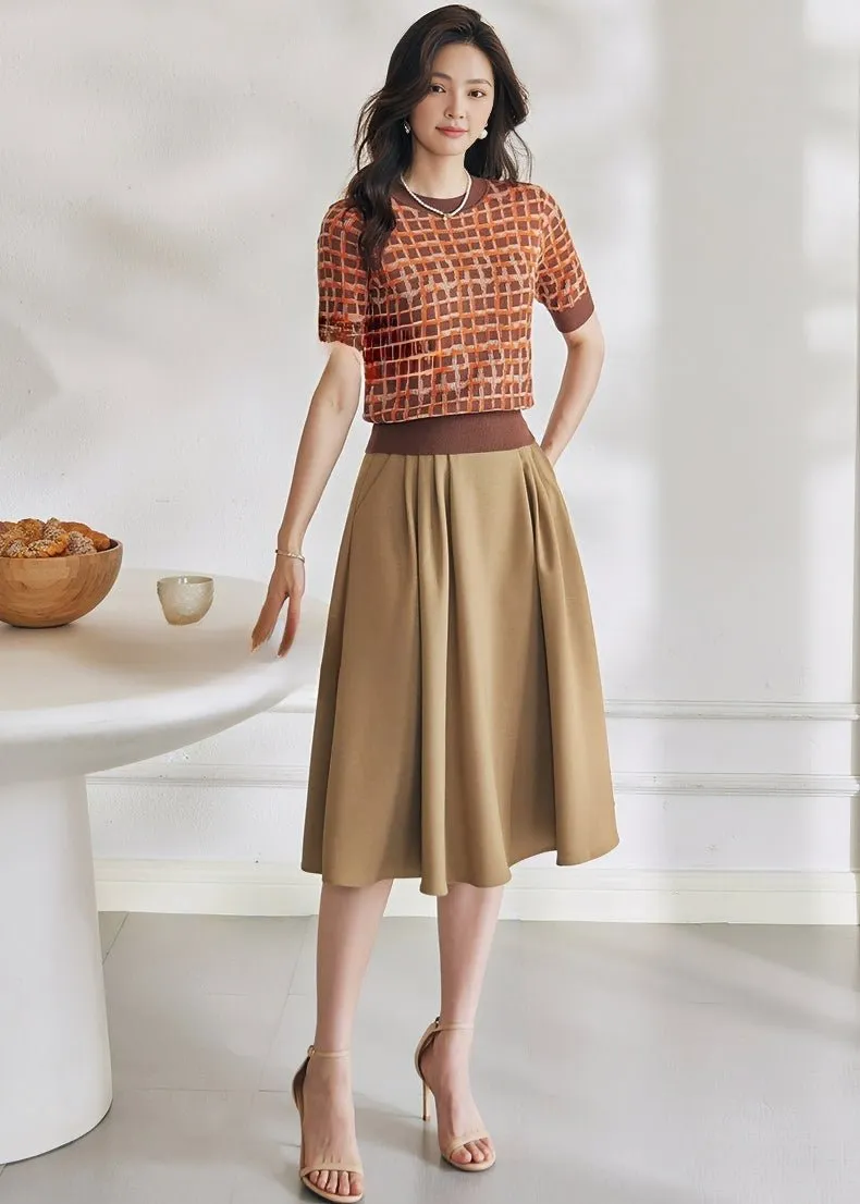 BEIGE PLEATED MIDI SKIRT