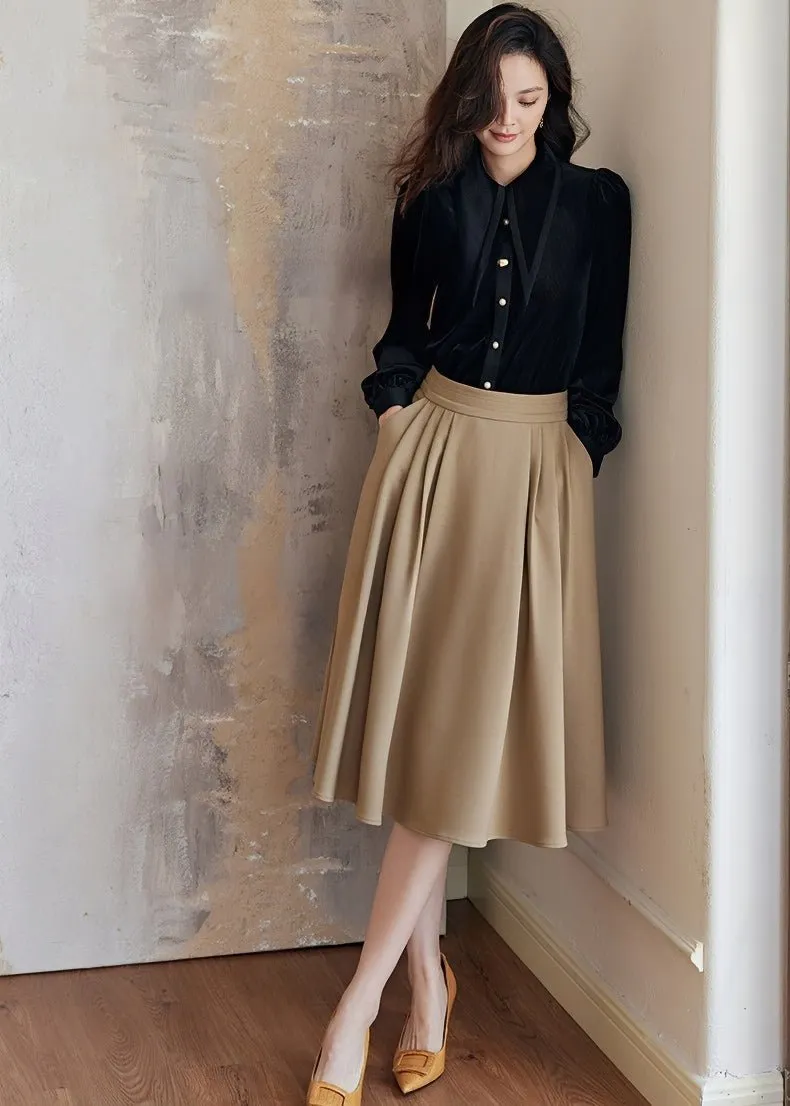 BEIGE PLEATED MIDI SKIRT