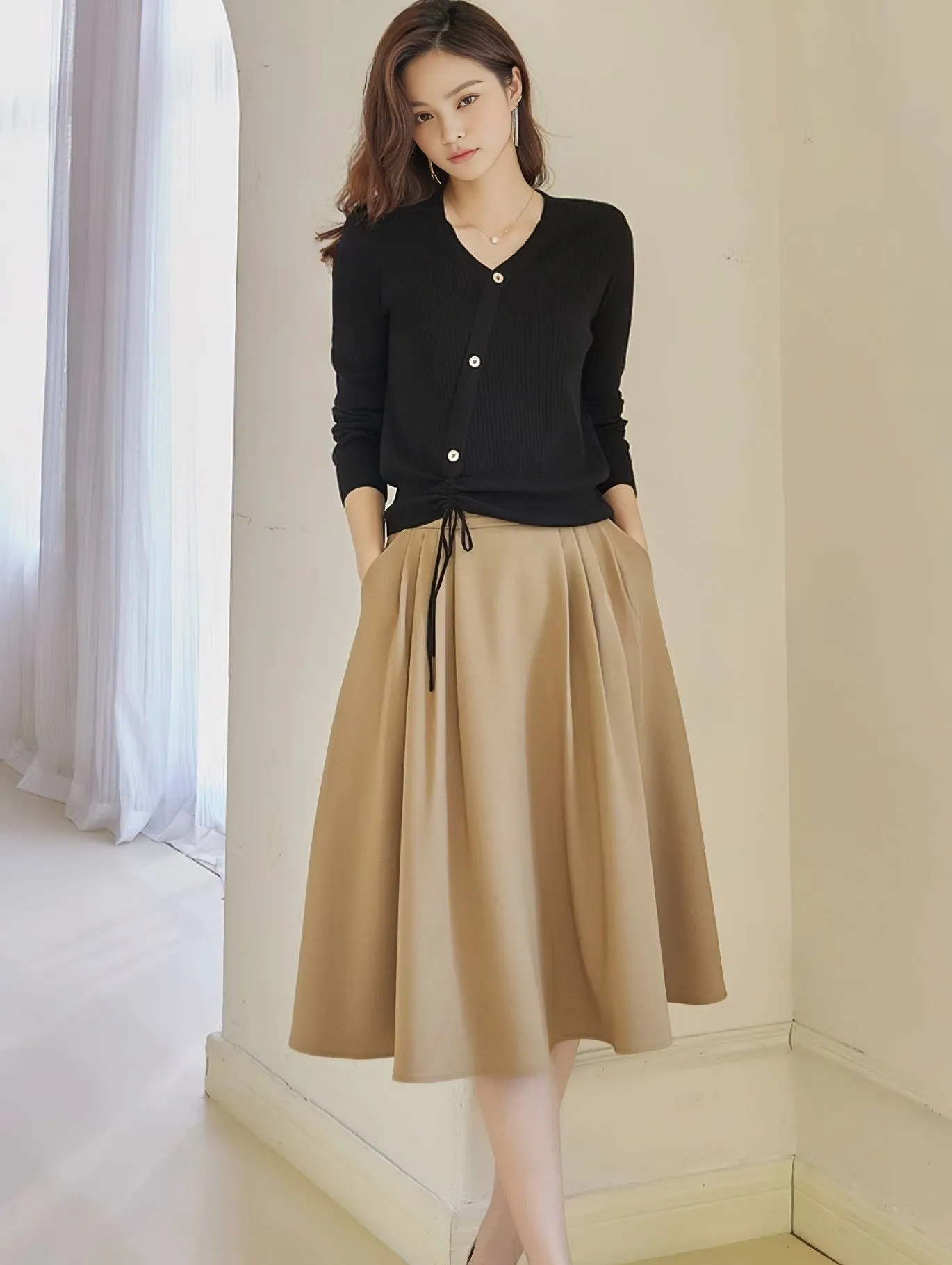 BEIGE PLEATED MIDI SKIRT