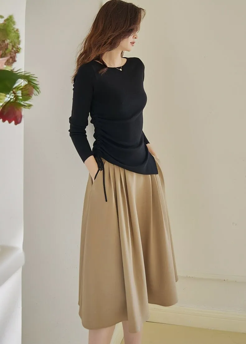 BEIGE PLEATED MIDI SKIRT