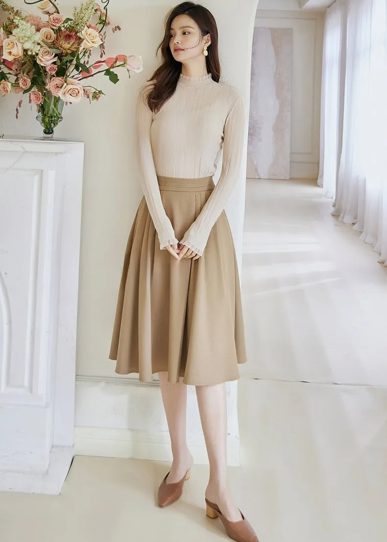 BEIGE PLEATED MIDI SKIRT