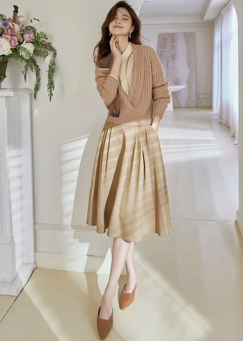 BEIGE PLEATED MIDI SKIRT