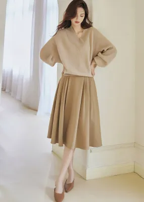 BEIGE PLEATED MIDI SKIRT