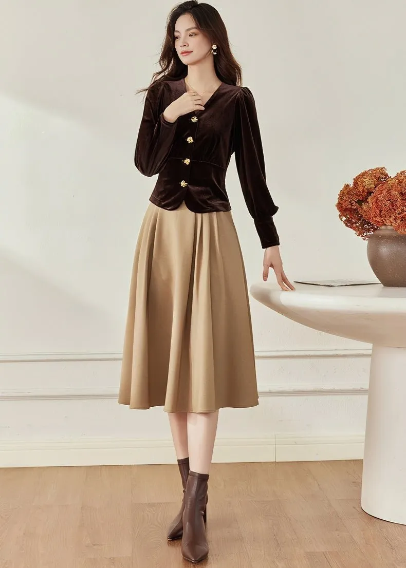 BEIGE PLEATED MIDI SKIRT