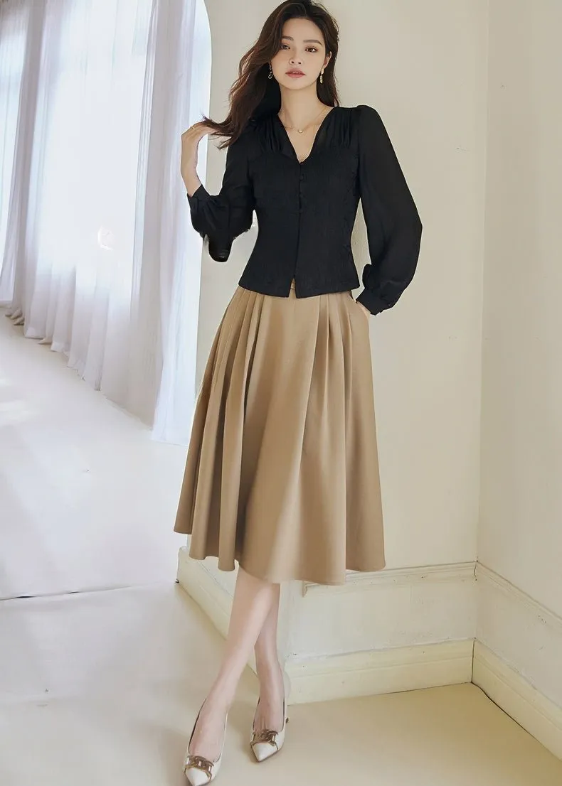 BEIGE PLEATED MIDI SKIRT