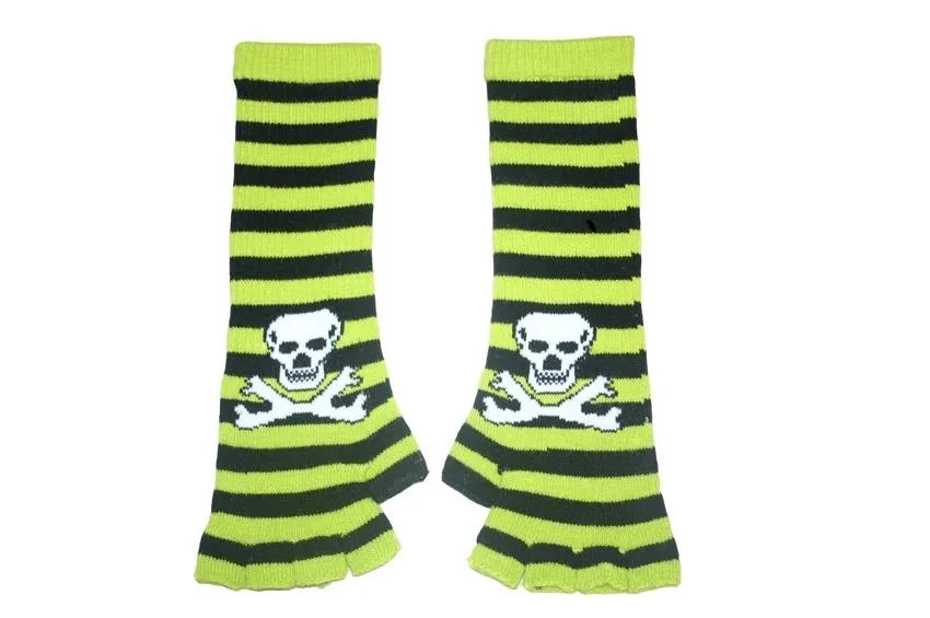 Black and Green Skull Arm Length Fingerless Gloves