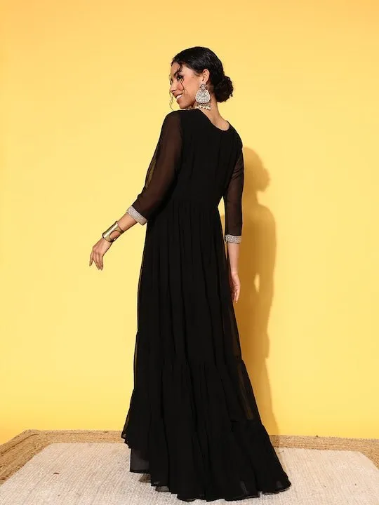 Black Embellished Embroidered Georgette Maxi Dress