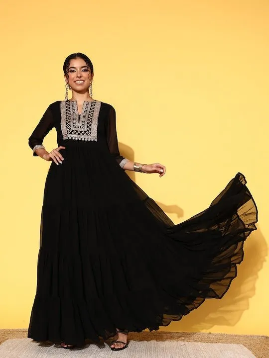 Black Embellished Embroidered Georgette Maxi Dress