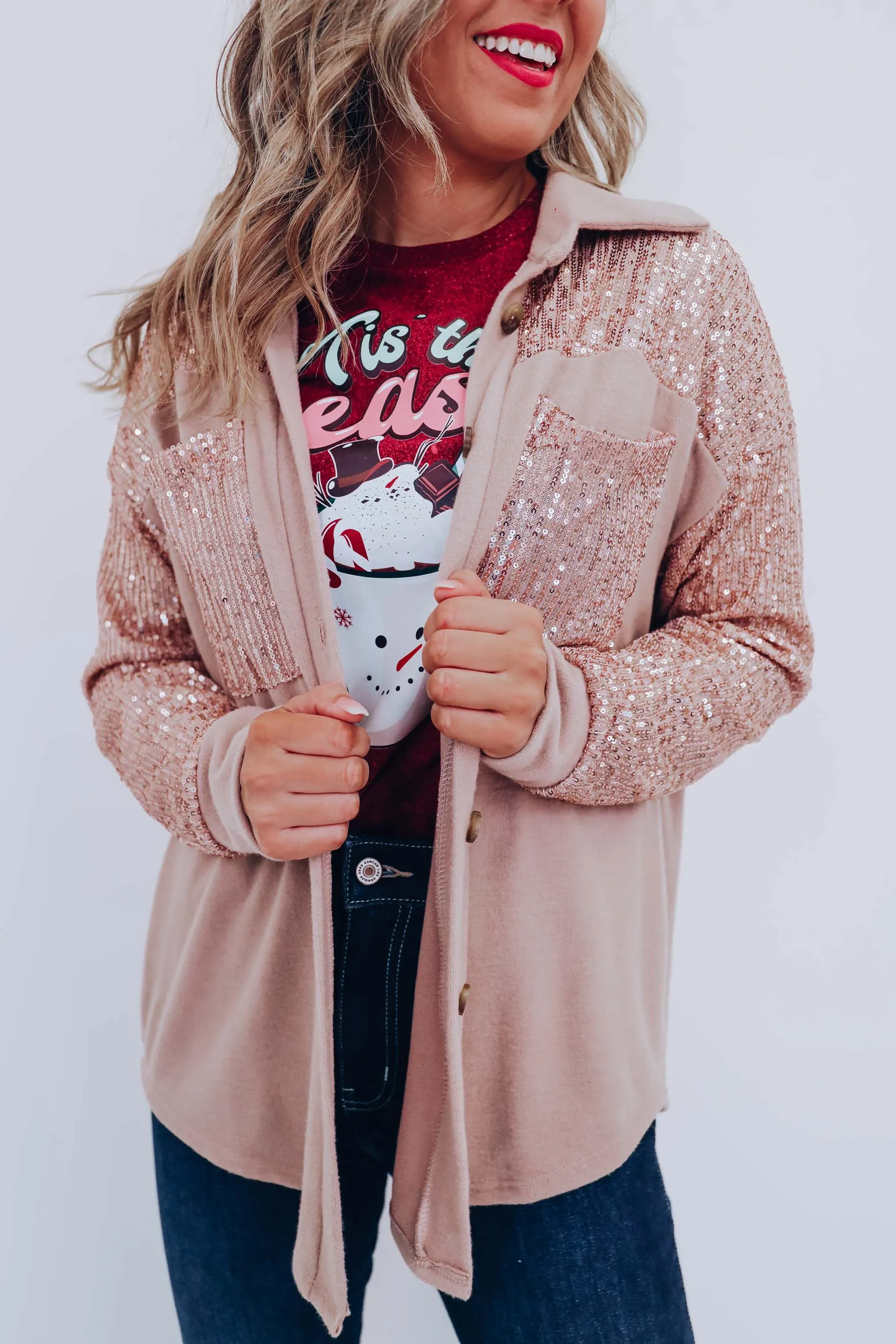 Blazing Bling Sequin Shacket - Tan