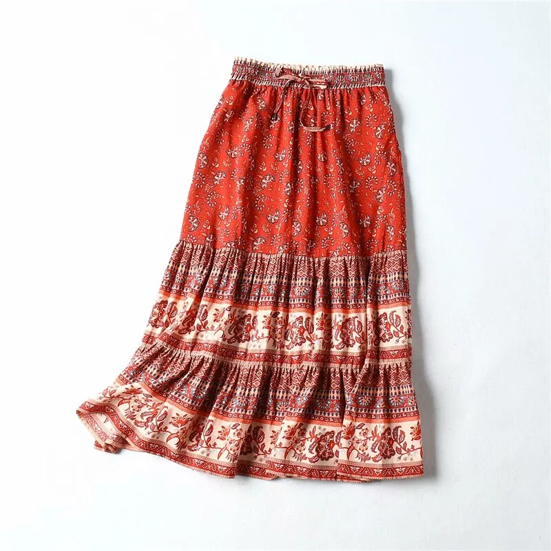 Bohemian Midi Skirt Beige Or Red You Choose Floral Boho Gypsy Print Long Maxi Skirt Available In Small Medium Or Large