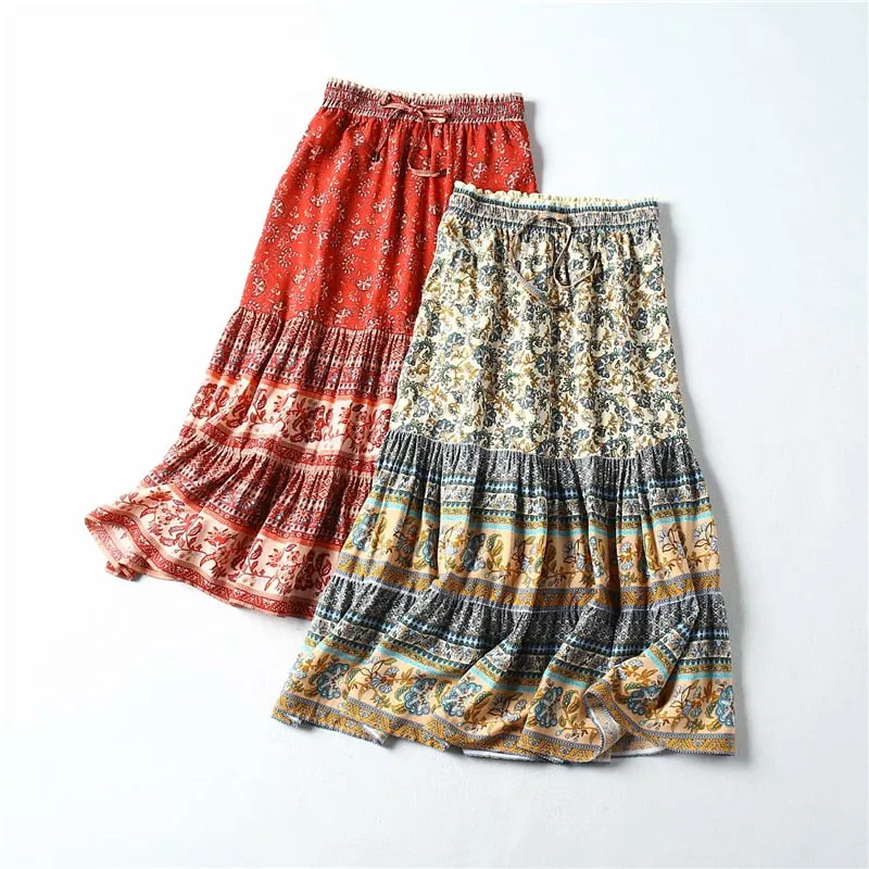 Bohemian Midi Skirt Beige Or Red You Choose Floral Boho Gypsy Print Long Maxi Skirt Available In Small Medium Or Large