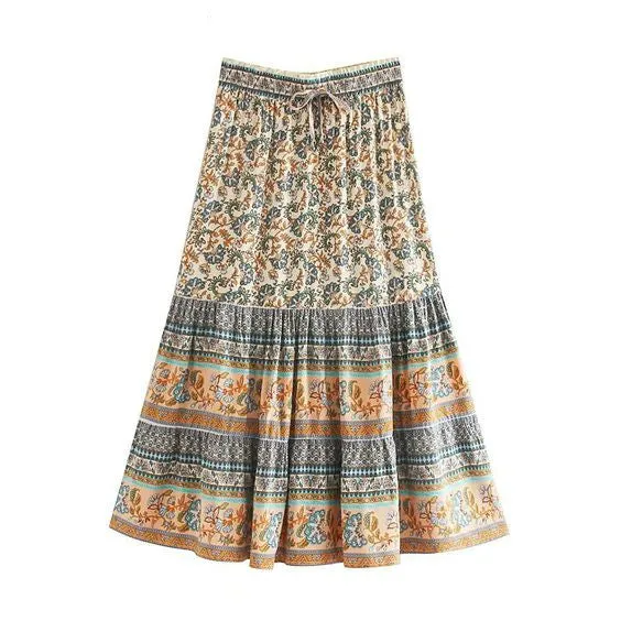 Bohemian Midi Skirt Beige Or Red You Choose Floral Boho Gypsy Print Long Maxi Skirt Available In Small Medium Or Large