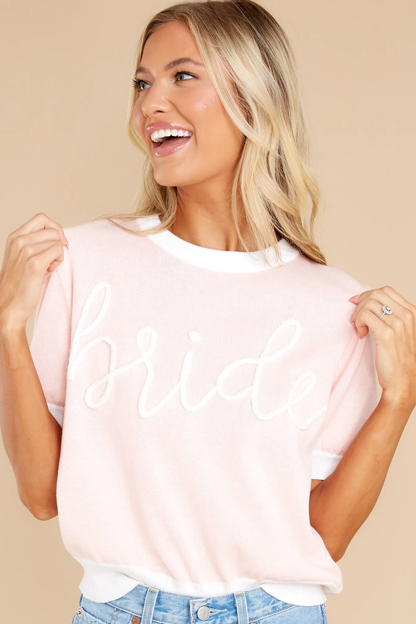 Bride Glitter Script Light Pink Short Sleeve Sweater