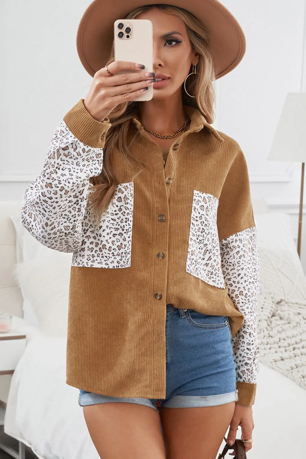 Brown Button Up Colorblock Pocket Corduroy Shacket