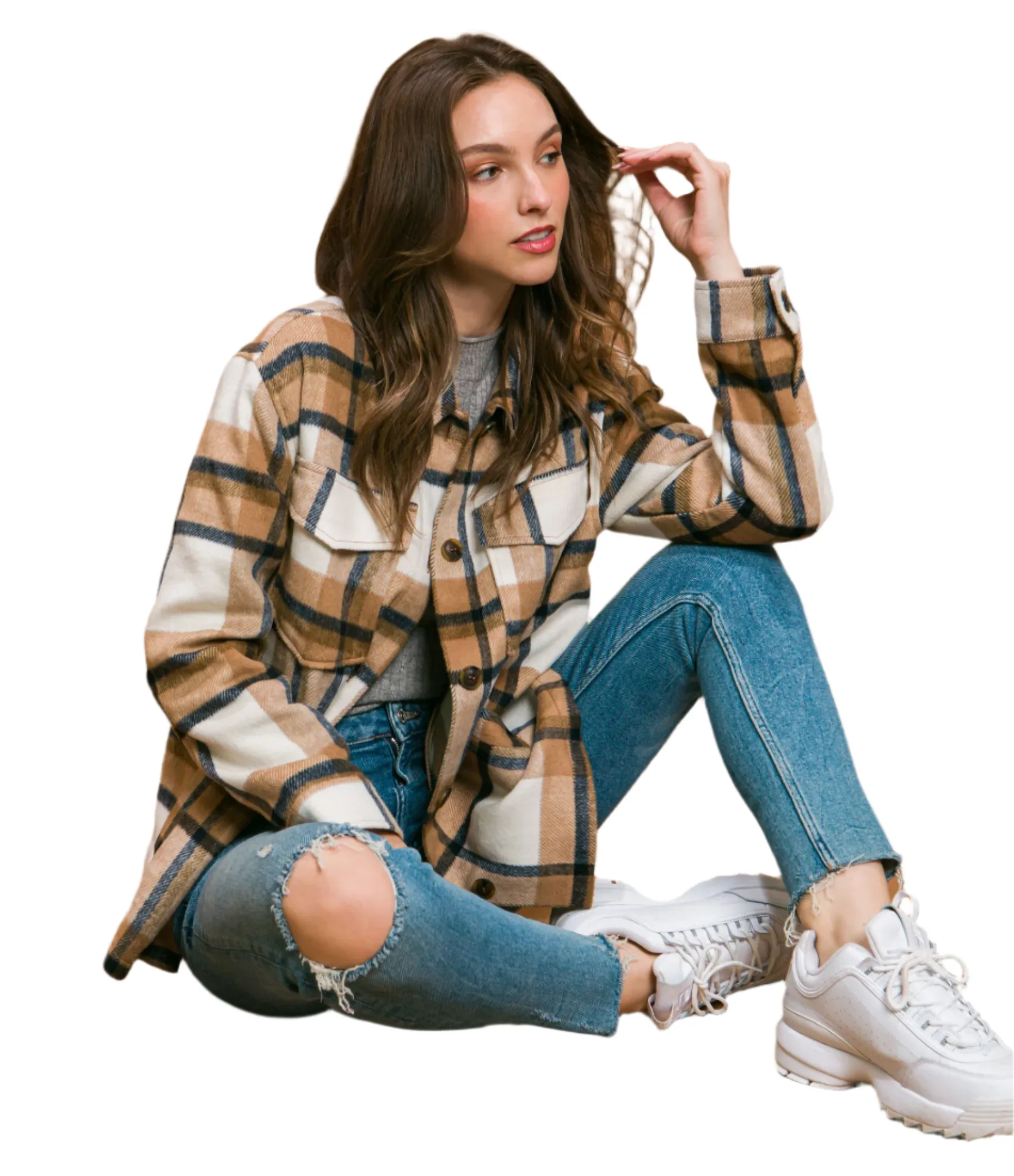 Camel Plaid Button Up Shacket