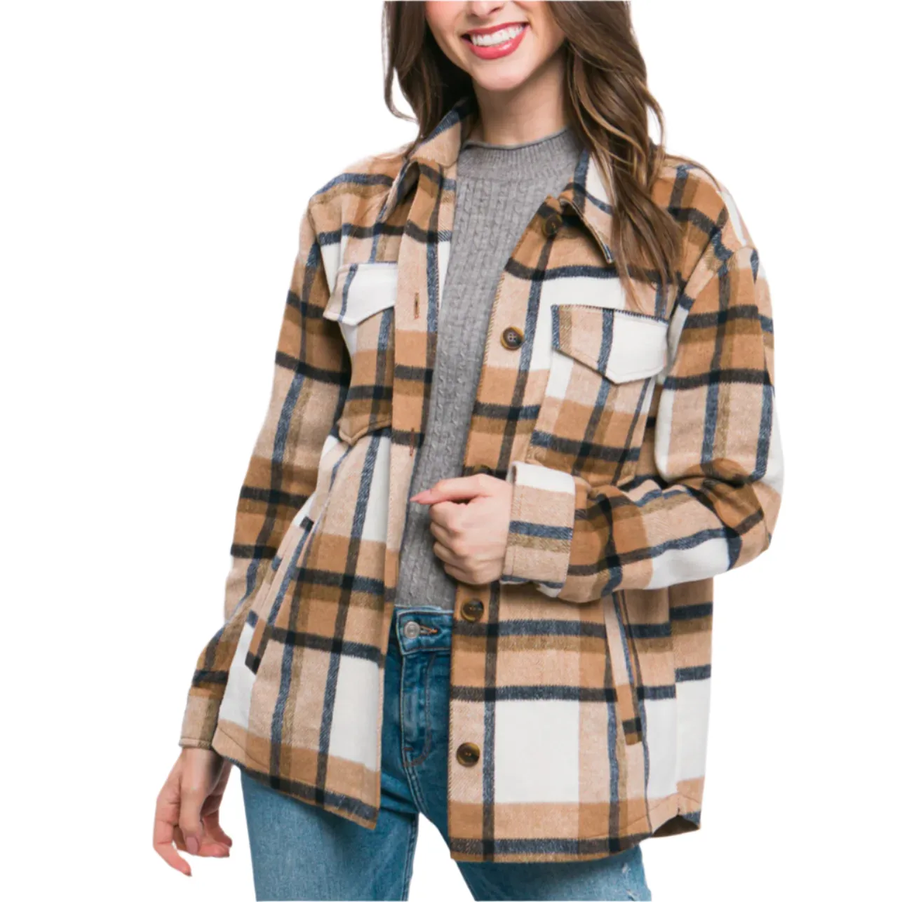 Camel Plaid Button Up Shacket