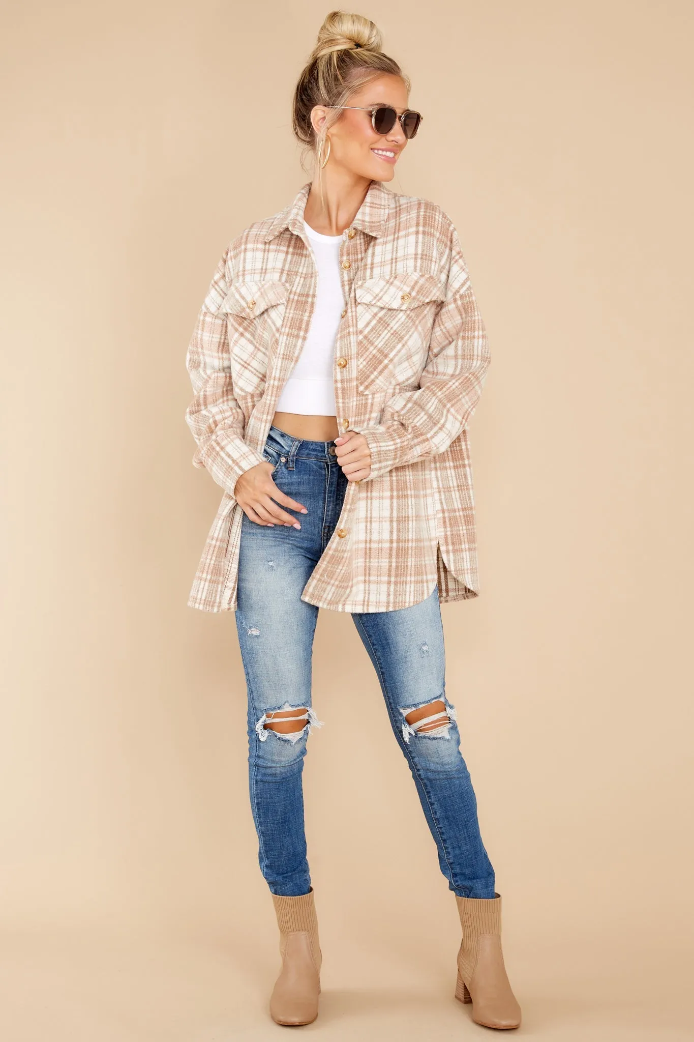 Casually Cozy Camel Multi Plaid Shacket