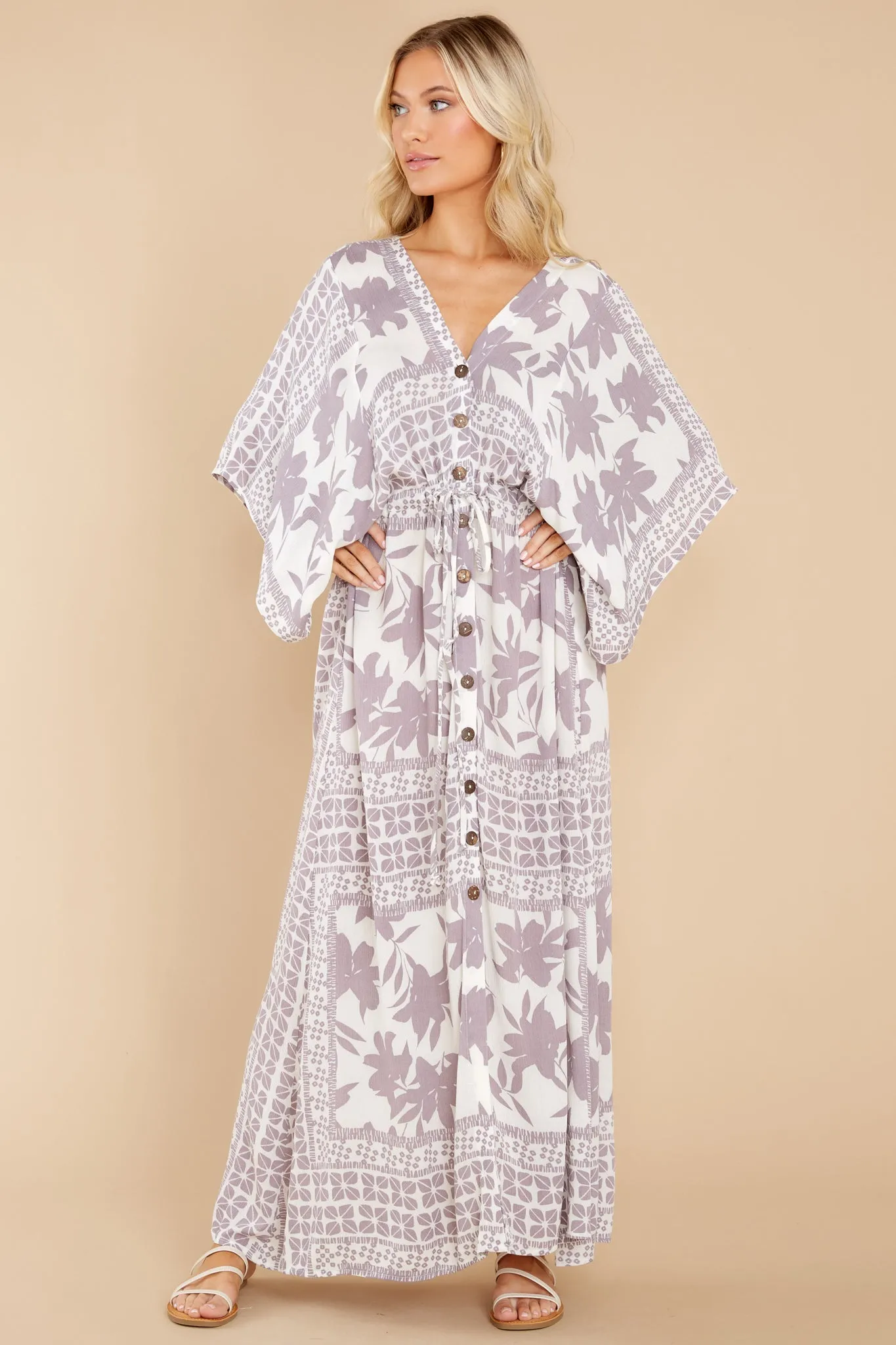 Coastal Outing Light Grey Print Maxi Dress