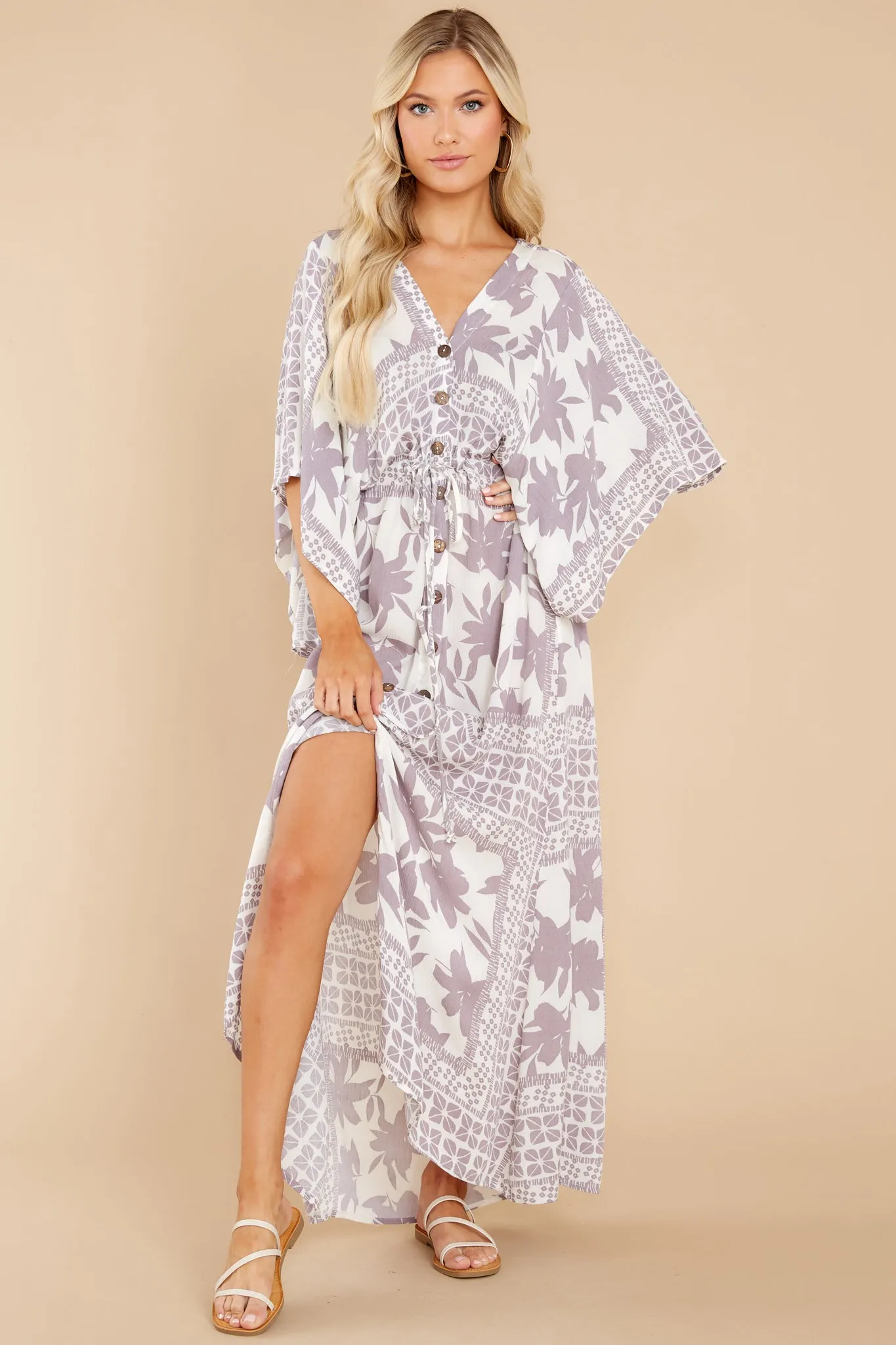 Coastal Outing Light Grey Print Maxi Dress