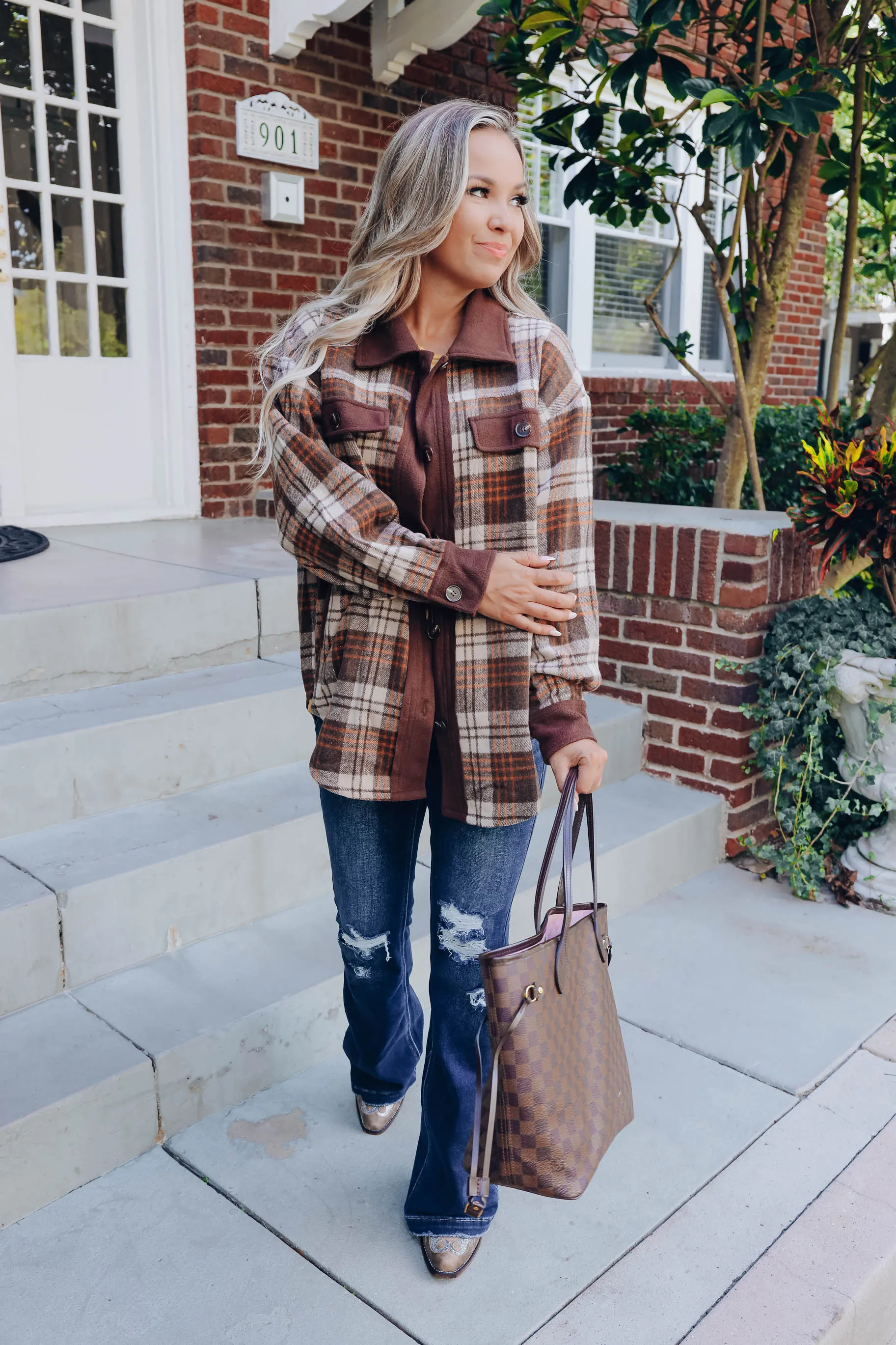 Color Your World Plaid Shacket- Brown S-3X