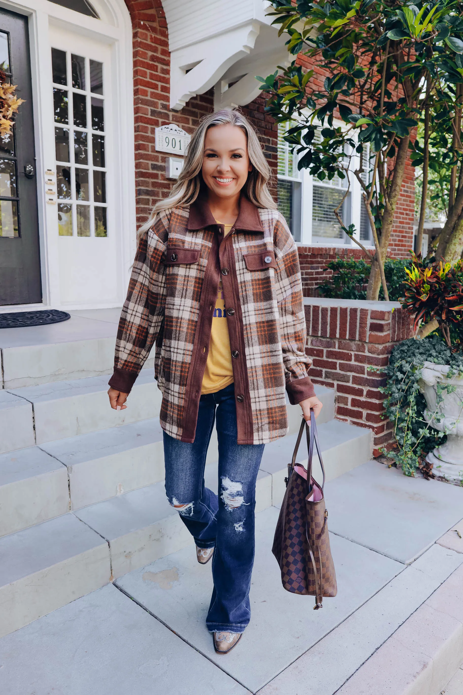 Color Your World Plaid Shacket- Brown S-3X