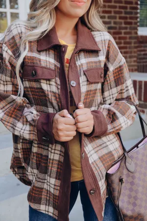 Color Your World Plaid Shacket- Brown S-3X