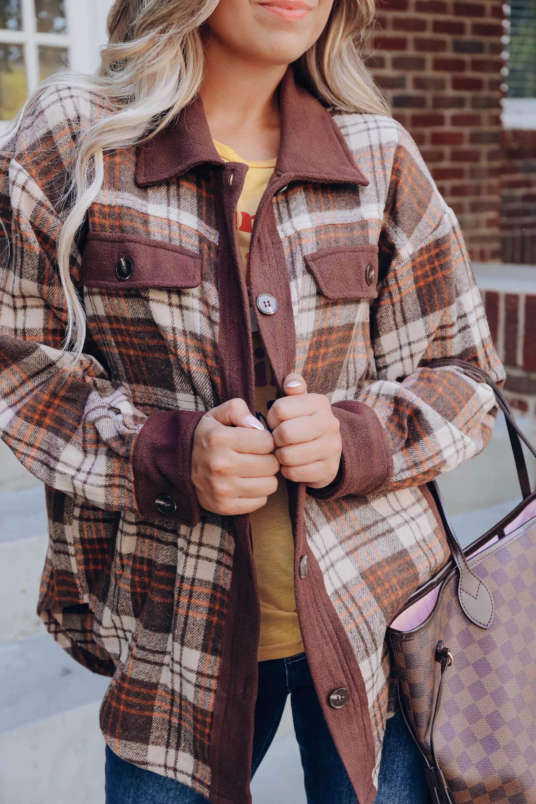 Color Your World Plaid Shacket- Brown S-3X