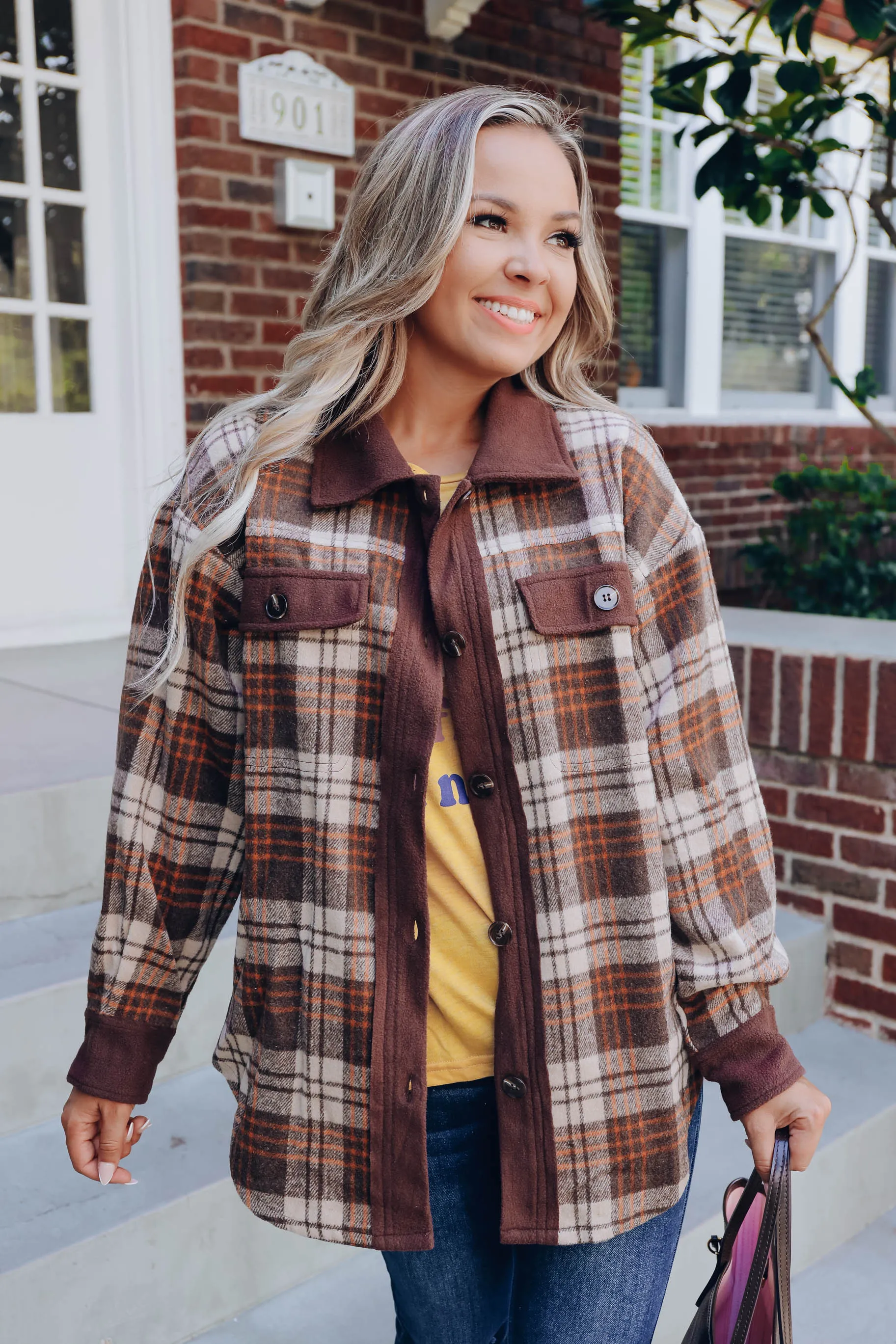 Color Your World Plaid Shacket- Brown S-3X