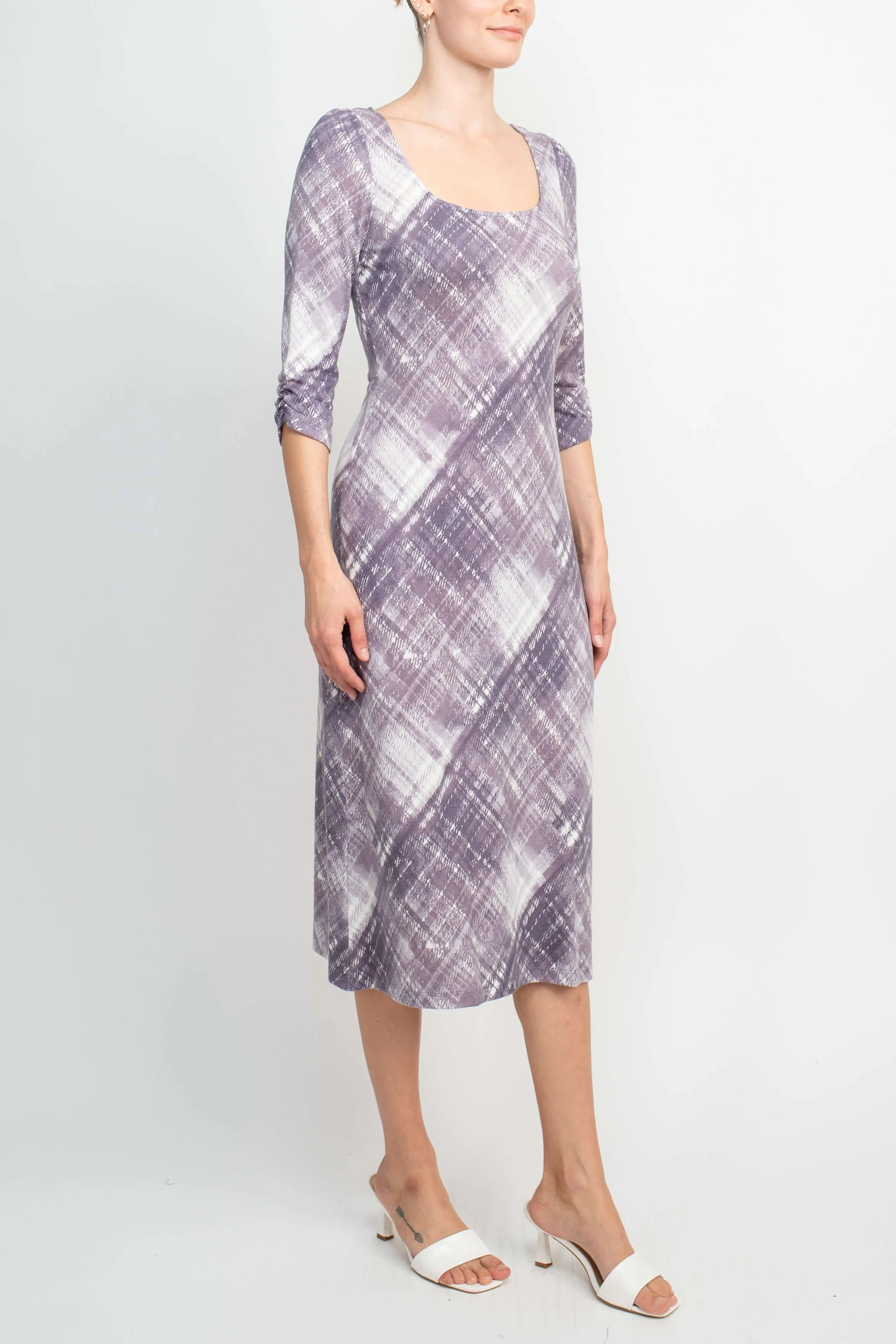 Connected Apparel Square Neck ¾ Sleeve Multi Print A-Line Knit Dress