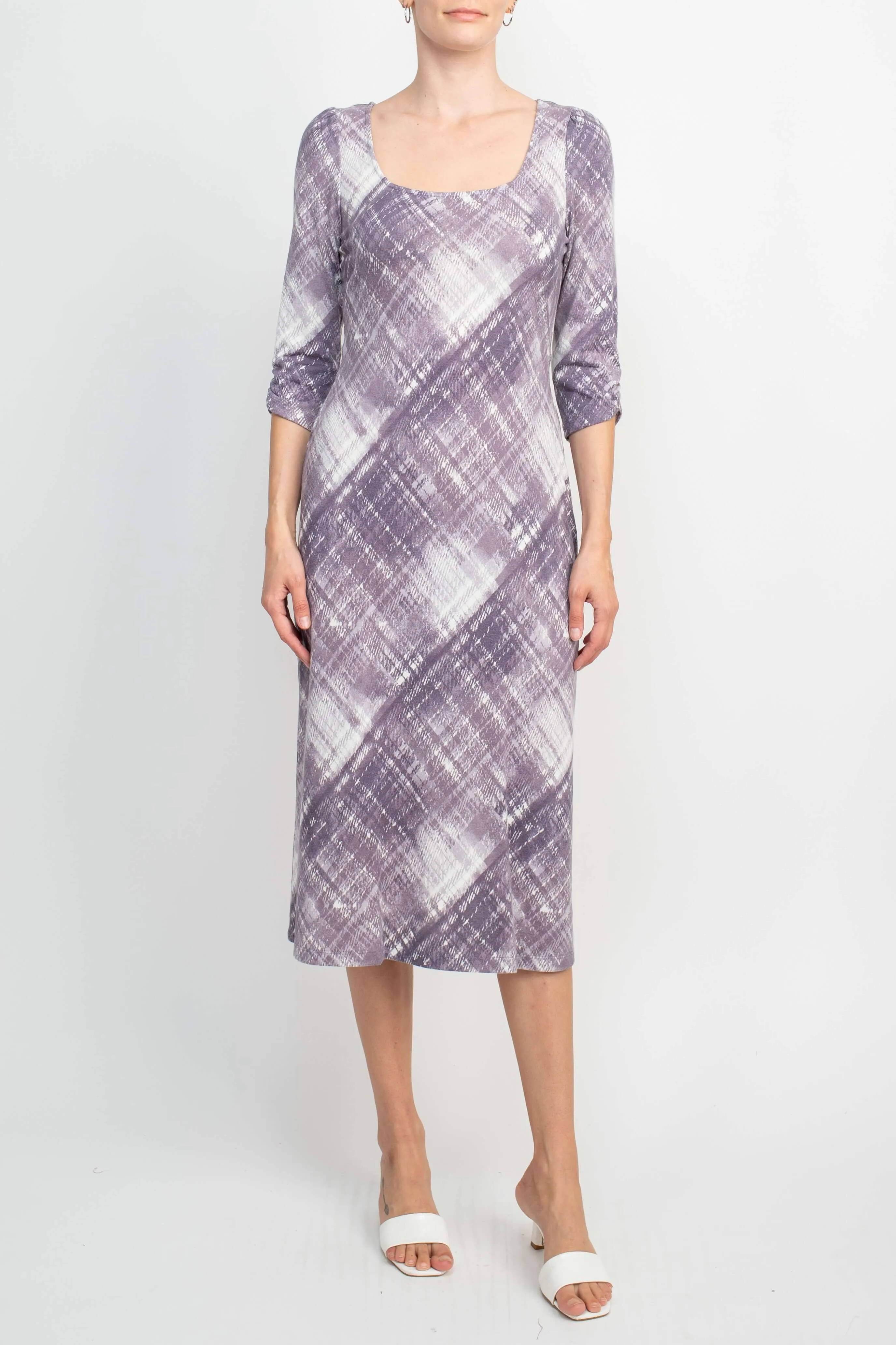 Connected Apparel Square Neck ¾ Sleeve Multi Print A-Line Knit Dress