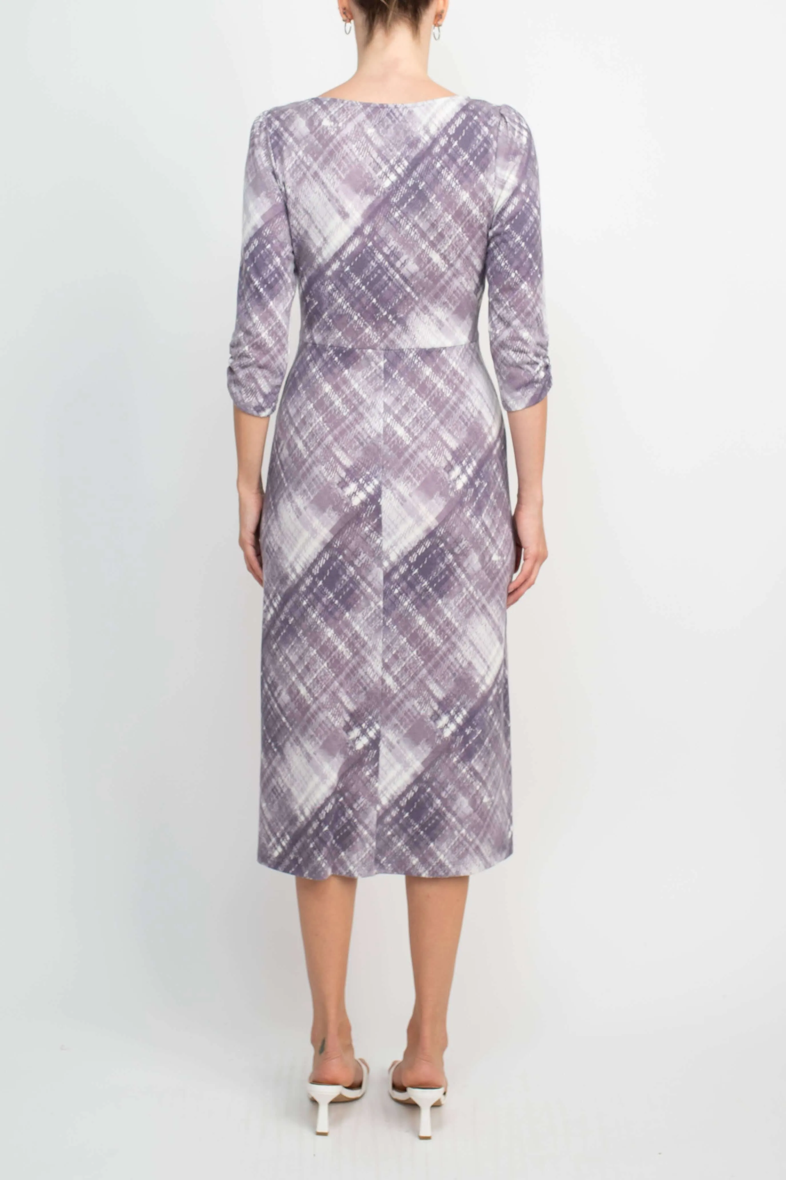 Connected Apparel Square Neck ¾ Sleeve Multi Print A-Line Knit Dress