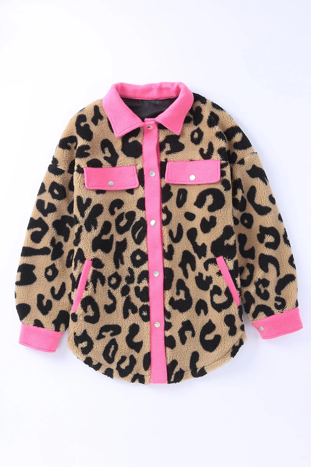 Contrast Trimmed Leopard Teddy Shacket