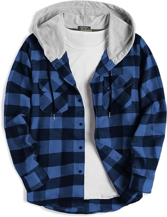 COOFANDY Men's Flannel Shirt Jacket Hooded Plaid Long Sleeve Button-Down Casual Shirts Red