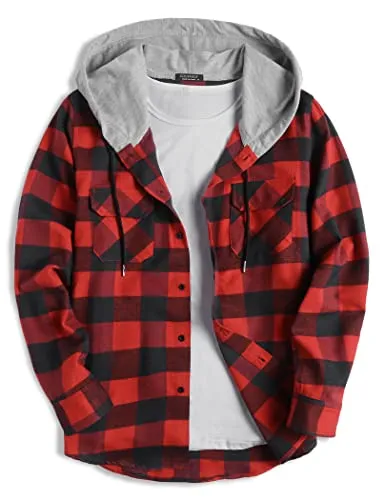 COOFANDY Men's Flannel Shirt Jacket Hooded Plaid Long Sleeve Button-Down Casual Shirts Red