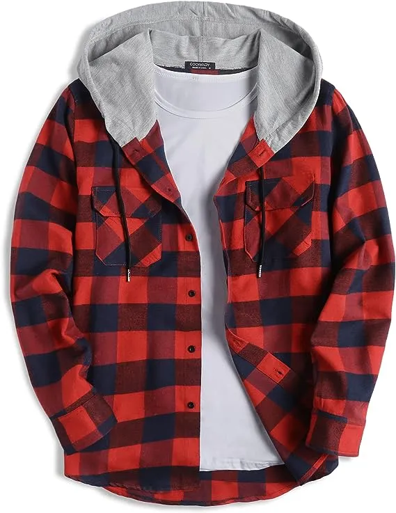 COOFANDY Men's Flannel Shirt Jacket Hooded Plaid Long Sleeve Button-Down Casual Shirts Red