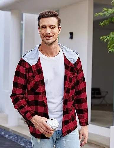 COOFANDY Men's Flannel Shirt Jacket Hooded Plaid Long Sleeve Button-Down Casual Shirts Red