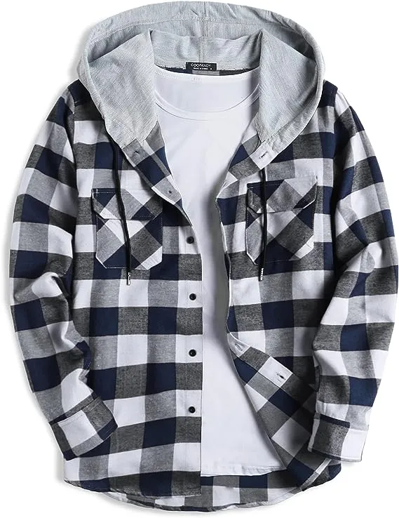 COOFANDY Men's Flannel Shirt Jacket Hooded Plaid Long Sleeve Button-Down Casual Shirts Red