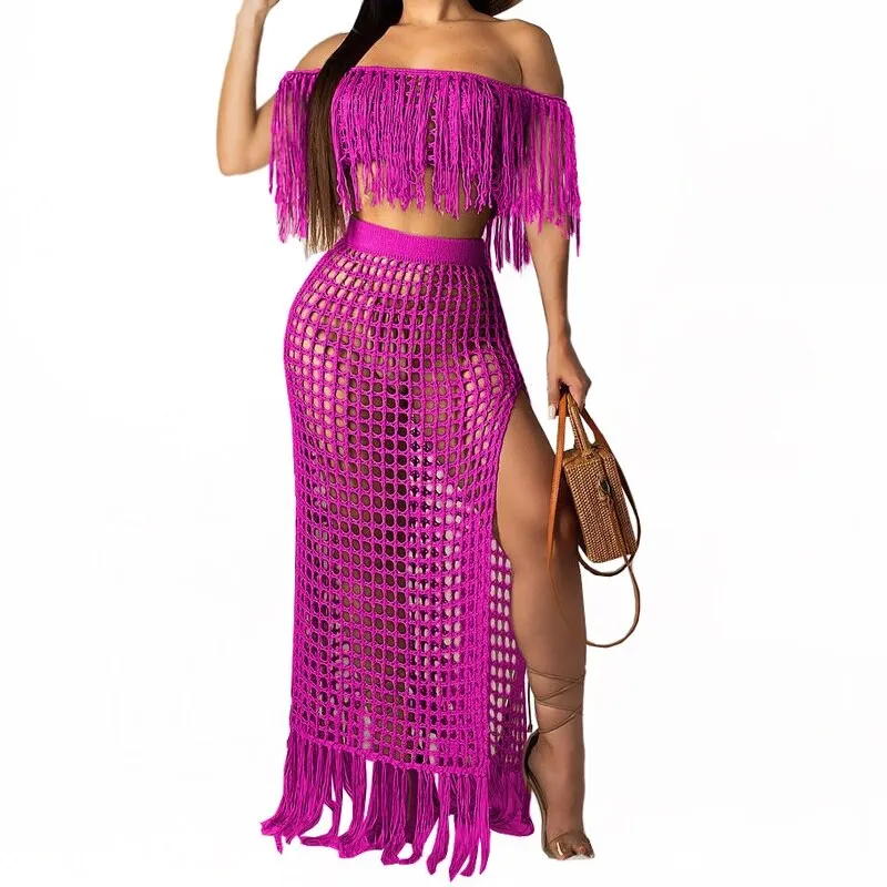 Crochet Fishnet Maxi Skirt Set 6 Different Colors You Choose Off The Shoulder Fringe Top Long Crocheted Skirt With Fringed Hem Available In Small Medium Large XL And Plus Sizes XXL 2X And XXXL 3X